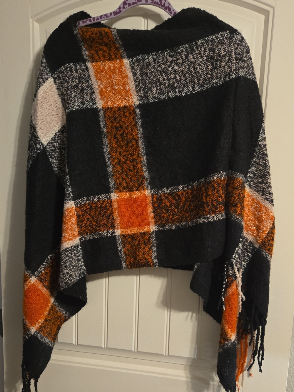 Cozy Plaid Fringe Poncho Sweater - Black & Orange